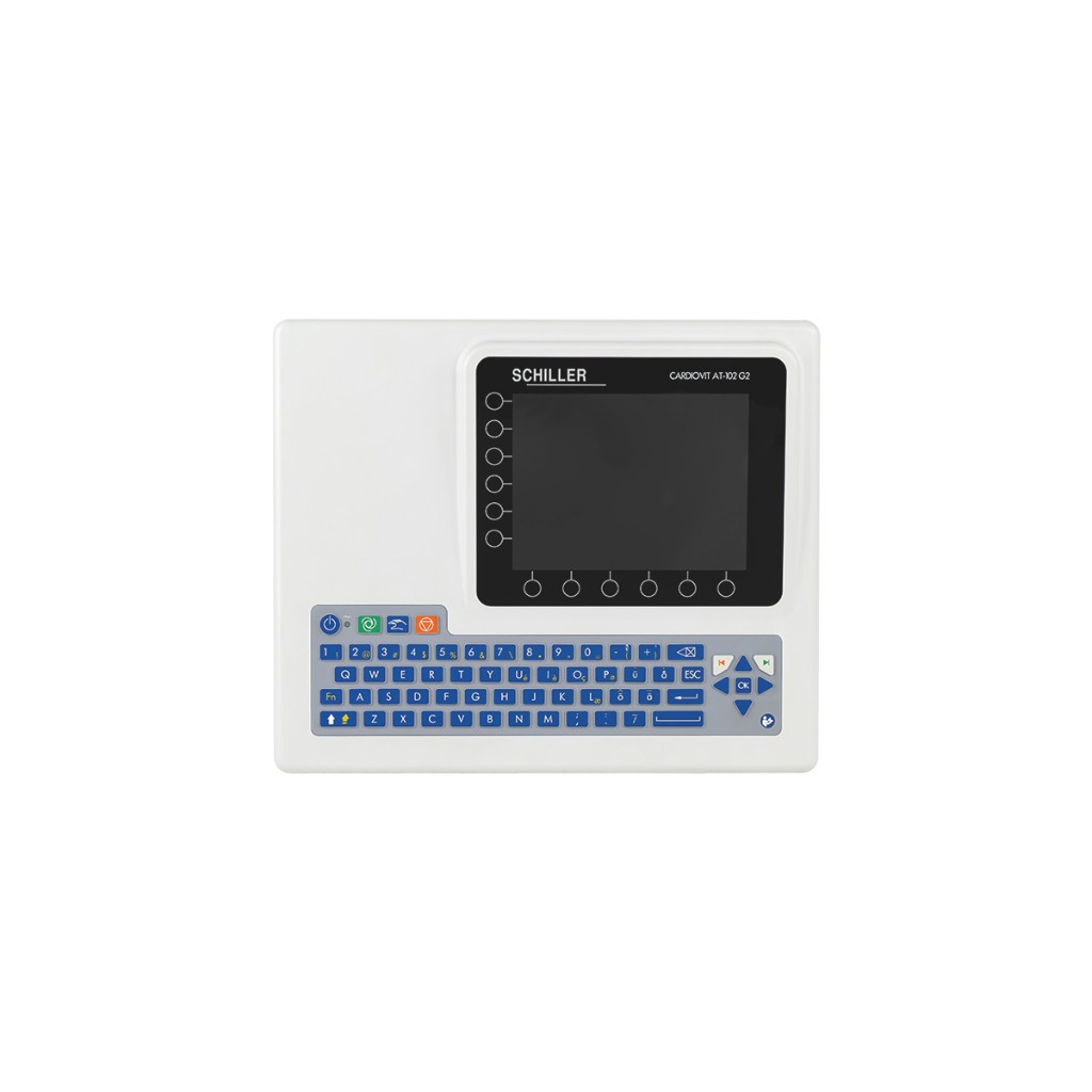 Schiller Cardiovit AT-102 G2 resting ECG: top-front view with dark display, bezel soft-keys, blue QWERTY keyboard, and color function row — Lattitude product photography.
