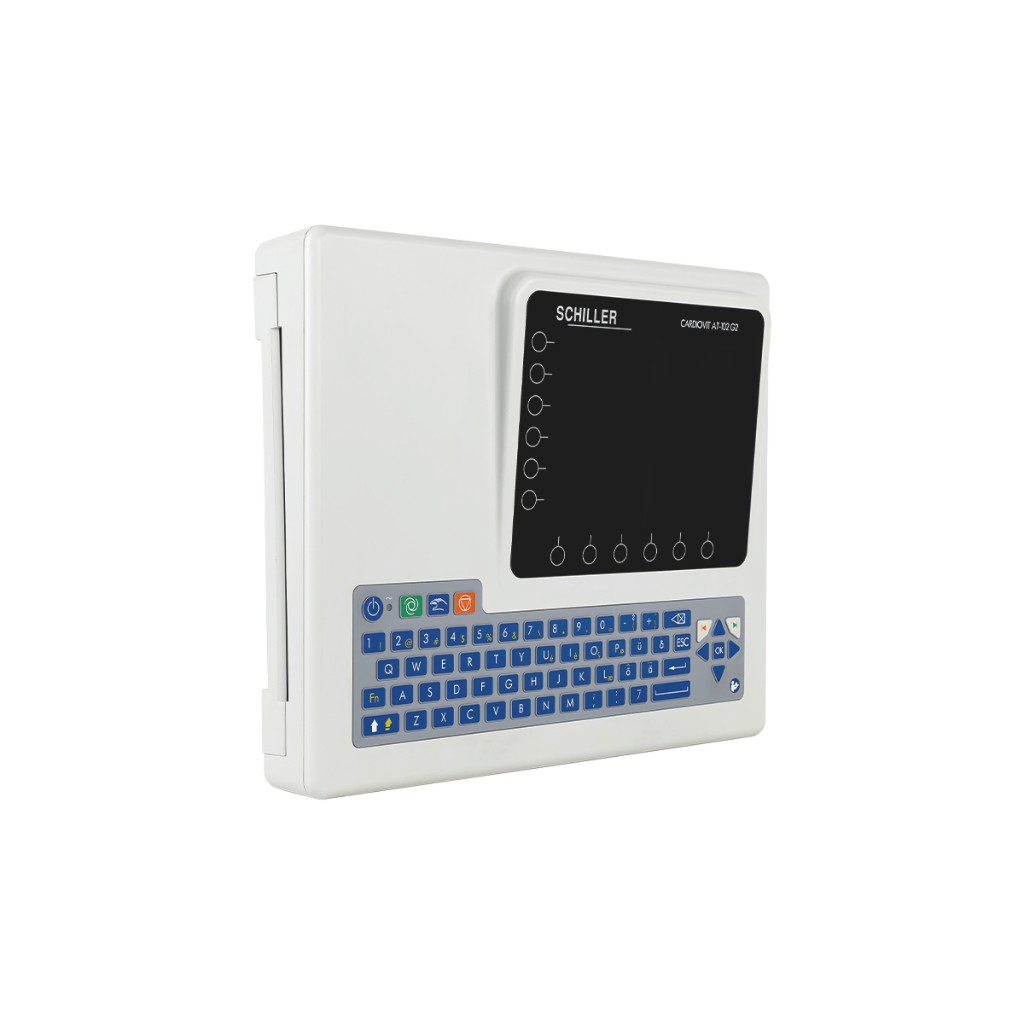 Cardiovit AT-102 G2 three-quarter view: light-gray housing, Schiller branding on the bezel, blue QWERTY keys and navigation cluster — Schiller medical device (Lattitude).