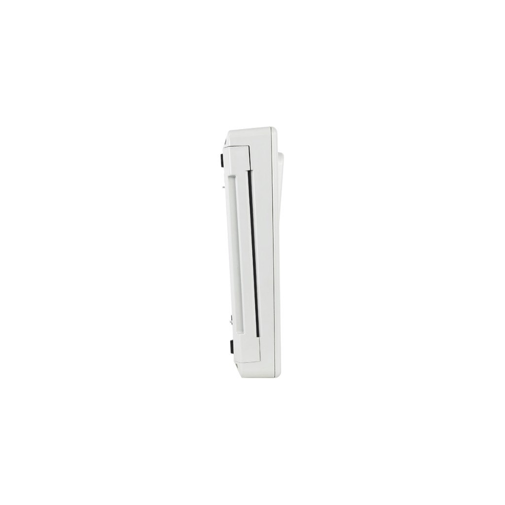 Side profile of the Cardiovit AT-102 G2: white casing, long thermal ECG paper slot, compact silhouette on white — Schiller.