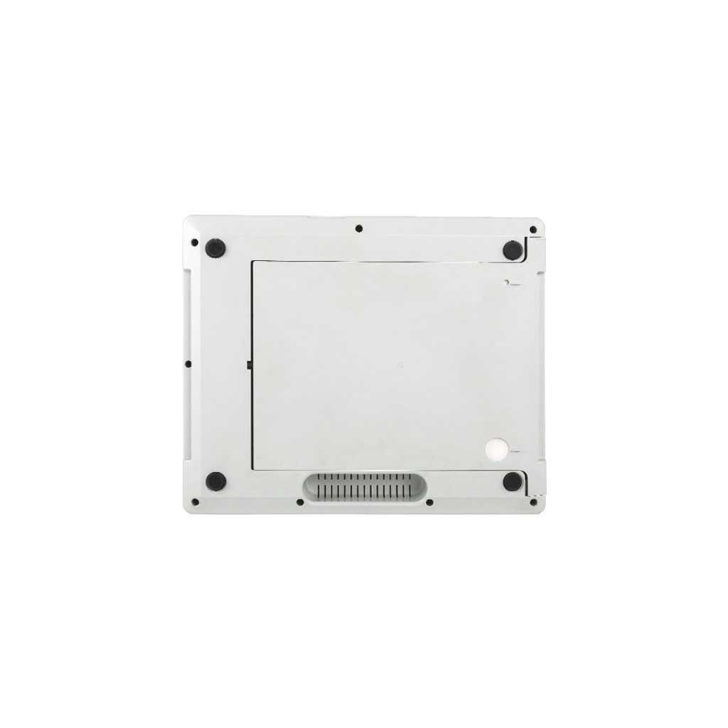 Bottom view of the Cardiovit AT-102 G2: four rubber feet, rectangular panel, ventilation grille — white studio backdrop.