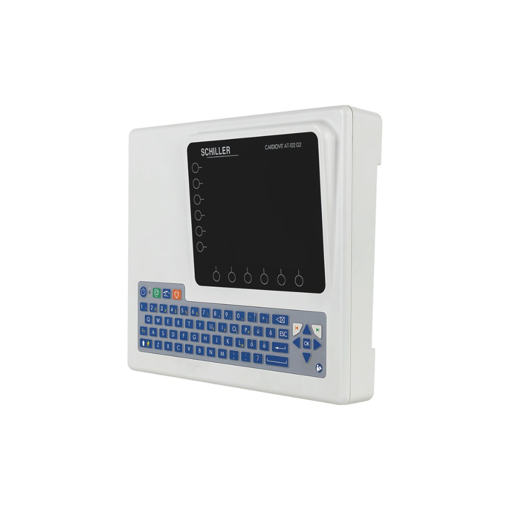 Cardiovit AT-102 G2 front-right three-quarter: dark screen with Schiller and model on black bezel, blue keyboard — white background.