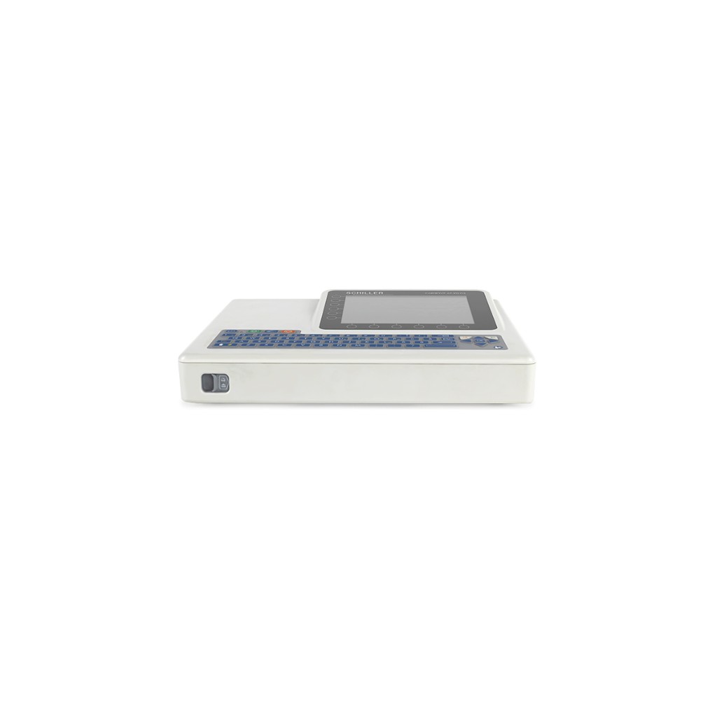 Cardiovit AT-102 G2: elevated angle showing display, full QWERTY, and printer slot on the side — Lattitude catalog shot.