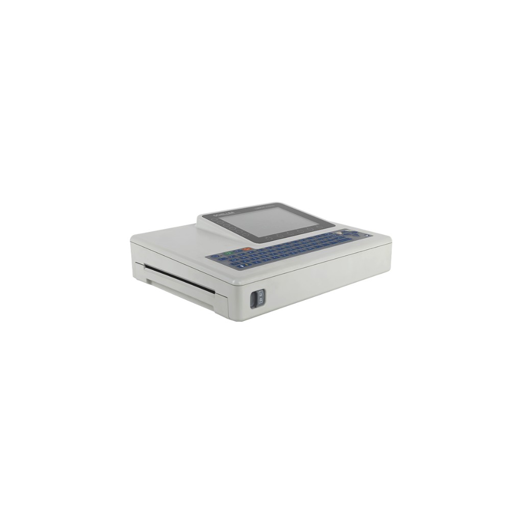 Three-quarter Cardiovit AT-102 G2 highlighting the front thermal print slot and control panel — Schiller AT-102 G2.
