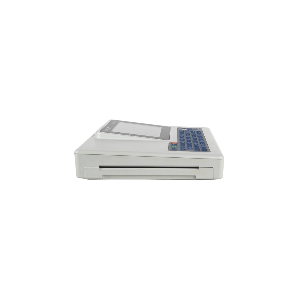 Top-side view of the Cardiovit AT-102 G2: screen left, blue keyboard right, horizontal ECG paper slot on the front edge.