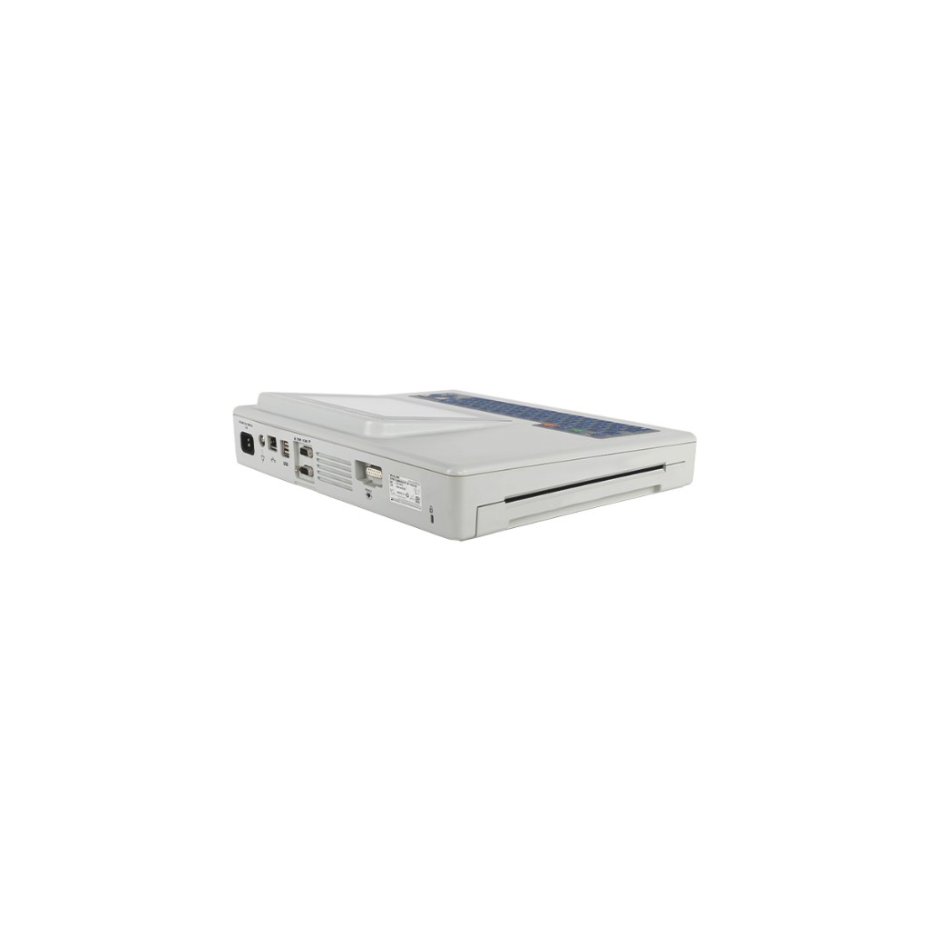 Three-quarter rear view of the Cardiovit AT-102 G2: IEC inlet, Ethernet, USB, COM ports, vents, and Schiller ID label — clinical connectivity.