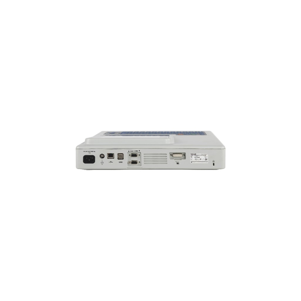 Full rear panel of the Cardiovit AT-102 G2: AC inlet, RJ45, dual USB, COM1/COM2, cooling vents, Schiller regulatory label.