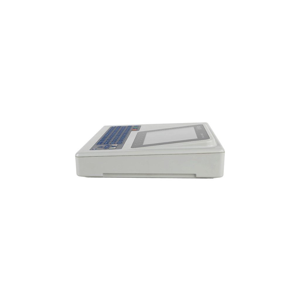 Right profile of the Cardiovit AT-102 G2: wedge chassis, thin leading edge, angled view of blue keyboard and display.