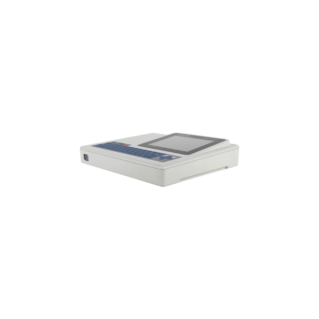 Elevated three-quarter Cardiovit AT-102 G2: Schiller-branded display, blue membrane keyboard, start/stop keys, side printer slot.
