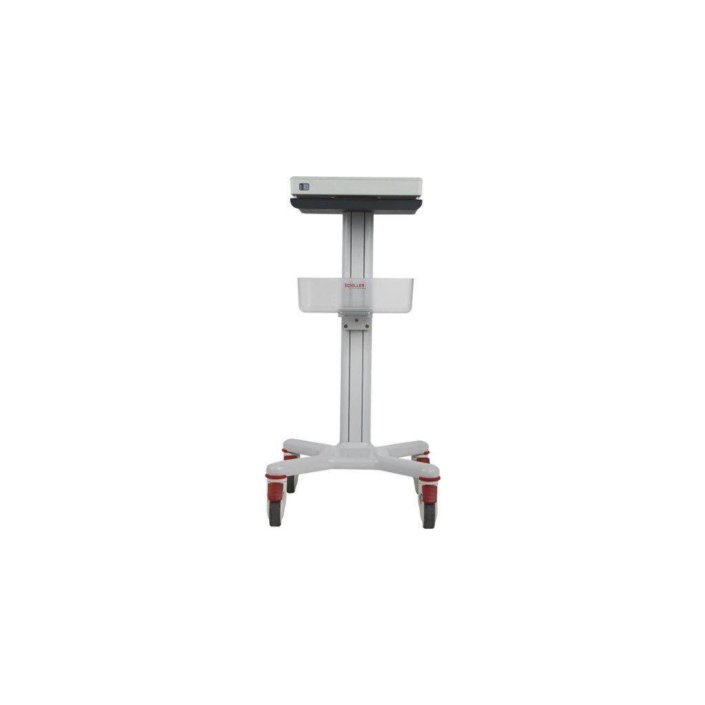 Schiller medical cart with Cardiovit AT-102 G2 on the top shelf, grey column, tray with red Schiller mark, four-leg wheeled base.