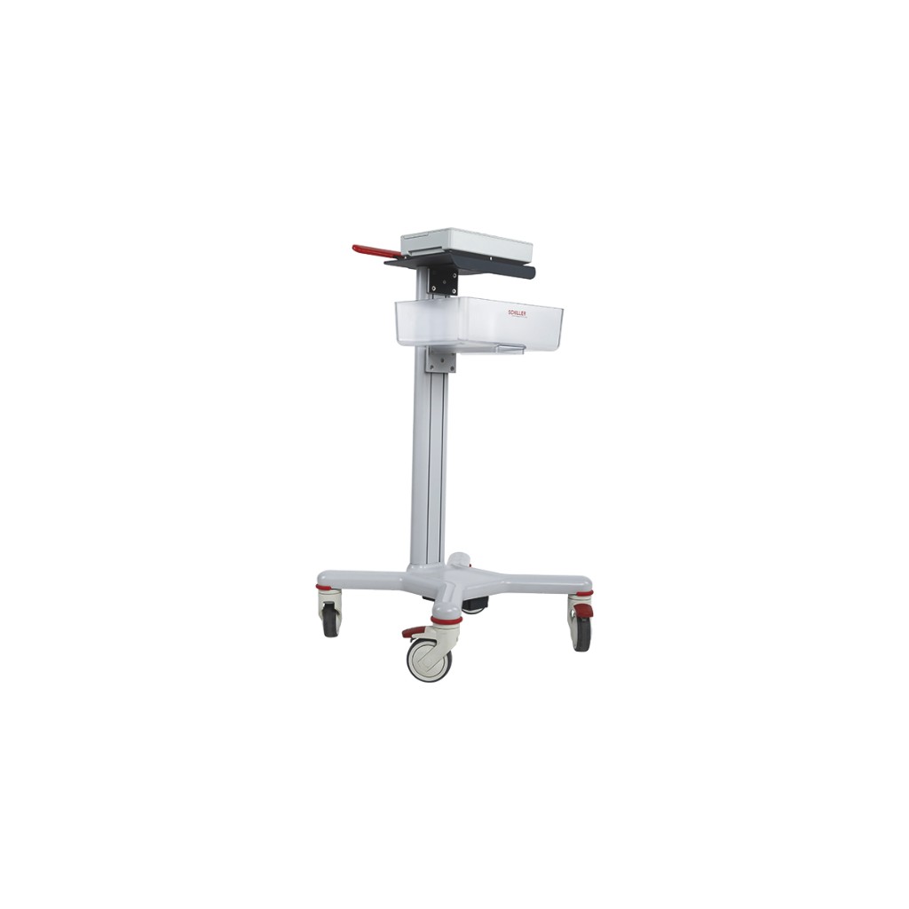 Full mobile station: Cardiovit AT-102 G2, metal column, Schiller bin, casters with red brakes, maneuver handle — Lattitude Mexico.