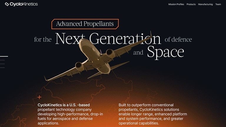 CycloKinetics — updated homepage motion: aircraft hero, advanced propellants messaging, and brand copy for defense and space.