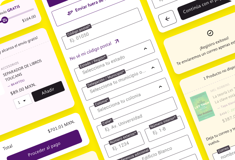 Librerías Gandhi — mobile shipping flow, contact details, and order summary on brand background.