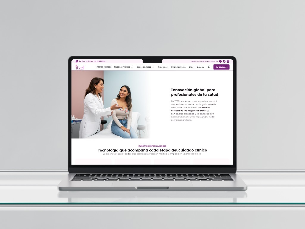 Itzel Medical — homepage with clinical hero, navigation, and specialties on laptop mock.
